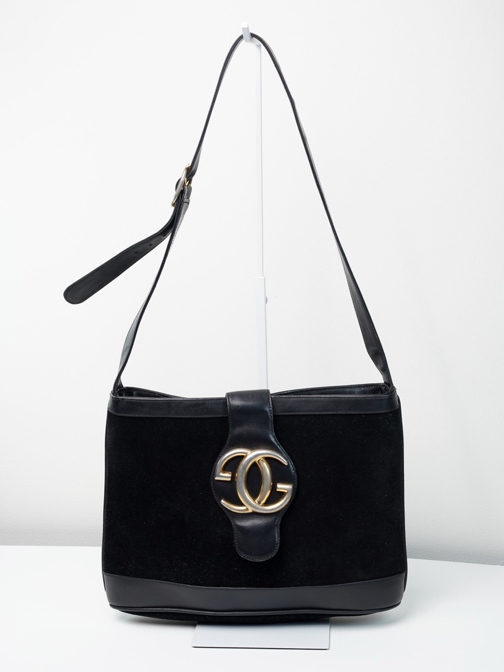 Vintage Gucci Black Suede Interlocking G Shoulder Bag 1960s Rare Italy